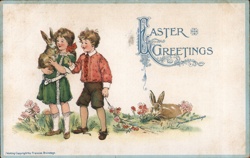 Children with Rabbits, Easter Greetings - Vintage Illustration Postcard