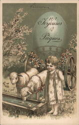 Barefoot Girl, Lambs & Easter Cart - Joyeuses Pâques With Lambs Postcard Postcard Postcard