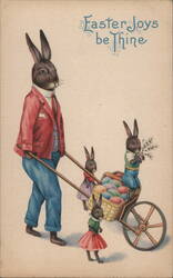 Anthropomorphic Easter Bunny Family with Wheelbarrow - Vintage Illustration With Bunnies Postcard Postcard Postcard