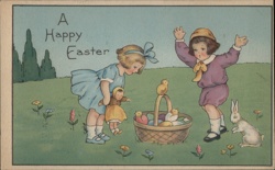 Happy Easter Children with Basket, Chicks & Bunny Postcard - Vintage Holiday With Children Postcard Postcard