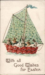 Easter Bunnies Sailing in Poppy Boat, Vintage Holiday Postcard Postcard Postcard