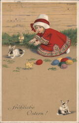 Little Girl with Easter Chicks and Bunnies, Colorful Eggs, Vintage Postcard With Children Pauli Ebner Postcard Postcard