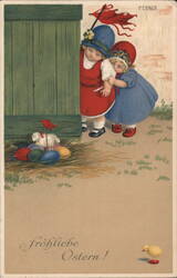 Two Girls Hiding Easter Eggs, Germany - Vintage Color Postcard With Children Pauli Ebner Postcard Postcard