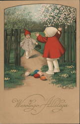 Two Children Hunting Easter Eggs, Colorful Postcard by Paul Ebner With Children Pauli Ebner Postcard Postcard