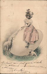 Easter Greetings: Woman with Lambs on Giant Egg - Vintage Postcard Eggs Postcard Postcard