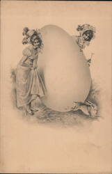 Antique Easter Postcard: Two Women with Giant Egg & Bunny Eggs Postcard Postcard