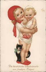 Two Children with Kitten, Vintage German Postcard Postcard