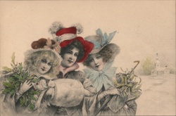 Three Women with Holly and Mistletoe, Winter Scene Christmas Postcard Postcard Postcard