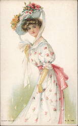 Woman in Floral Dress & Hat, Vintage Fashion Postcard Women Postcard Postcard