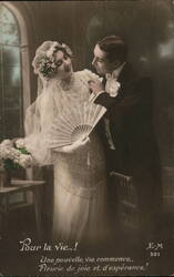 Wedding Couple with Fan, French Postcard Postcard