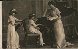 Three Girls Playing Music, Piano & Violin, Vintage Postcard Postcard