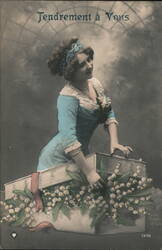 Woman in Blue Dress on Gift Box with Lily of the Valley, French Postcard Women Postcard Postcard