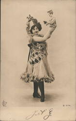 Woman in Harlequin Costume with Doll, Vintage Postcard Postcard