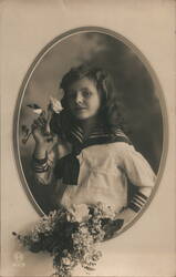 Young Girl with Rose, Sailor Outfit, Vintage Postcard Girls Postcard Postcard