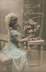 Woman in Blue Dress with Flowers, St. Catherine's Day Postcard Postcard Postcard