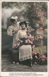 Two Women with Baskets of Pink Roses, French Postcard Flowers Postcard Postcard