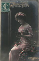 Young Woman Reading, Pink Dress, Floral Garland, French Postcard Women Postcard Postcard