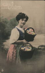 German Girl with Easter Baskets - Vintage Easter Postcard Eggs Postcard Postcard