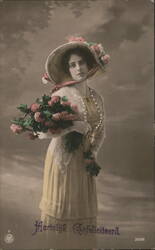 Woman with Flowers, Hartelijk Gefeliciteerd, Dutch Postcard Postcard