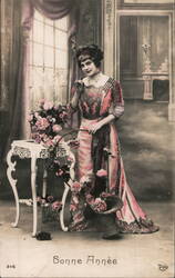 Happy New Year, Beautiful Woman with Roses, c. 1912 Beautiful Ladies Postcard Postcard Postcard