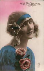 French Woman with Roses, Vive Ste Catherine Postcard Postcard