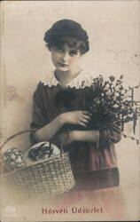 Girl with Easter Basket and Flowers, Vintage Hungarian Postcard Postcard