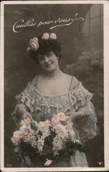 Woman with Flower Basket - French Postcard Flowers Postcard Postcard