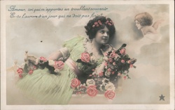 Dreamy Woman with Roses & Cherub, Art Nouveau Postcard Postcard Postcard