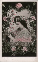 Gertie Millar Actress Portrait Postcard, Pink Dress, Roses Border Actresses Postcard Postcard