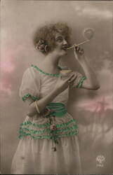 Woman Blowing Bubbles, Vintage Postcard Women Postcard Postcard