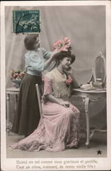 Two Women, Pink Dress & Floral Hat, French Postcard Postcard Postcard