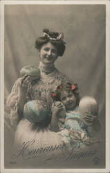 Mother & Daughter with Easter Eggs, Antique Postcard With Children Postcard Postcard