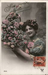 Woman with Flower Basket - French Postcard Flowers Postcard Postcard