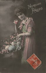 Woman with Easter Eggs and Flowers - French Postcard Postcard Postcard