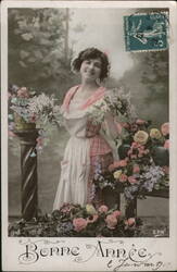 Woman with Flowers, Bonne Année Greeting, French Postcard Beautiful Ladies Postcard Postcard