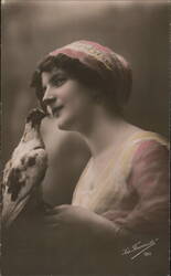 Woman with Dove, Pink & Yellow Dress, Vintage Postcard Multiple Animals Postcard Postcard