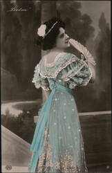 Woman in Teal Dress with Fan, Delza Postcard Women Postcard Postcard