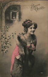 Happy New Year, Edwardian Lady in Pink with Fur Stole Beautiful Ladies Postcard Postcard Postcard