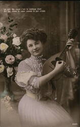 Woman Playing Mandolin, Roses, French Postcard Postcard