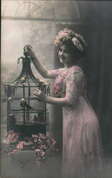 Young Woman with Birdcage, Pink Dress, Vintage Postcard Birds Postcard Postcard