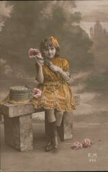 Girl with Flowers & Gift, c. 1900s, Sepia Portrait Girls Postcard Postcard Postcard