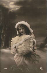 Bonne Année: Girl in Winter Clothes with Muff, c. 1914 Children Postcard Postcard Postcard