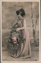 Bonne Année: Woman with Floral Basket, New Year's Greeting Beautiful Ladies Postcard Postcard Postcard