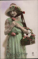 Young Woman with Roses & Basket, Green Dress, Vintage Postcard Flowers Postcard Postcard