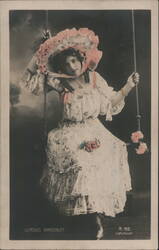 Gladys Archbutt on a Swing, Pink Dress & Hat, Vintage Postcard Actresses Postcard Postcard