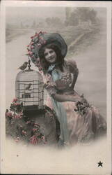 Girl with Birdcage and Flowers - Vintage Postcard Postcard