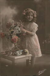 Little Girl with Colorful Paper Flowers, Mimosa Postcard Girls Postcard Postcard