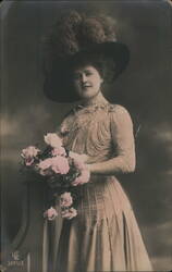 Elegant Woman with Roses and Feathered Hat Hats Postcard Postcard Postcard