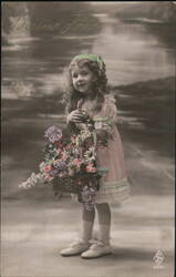 Girl with Flower Basket, Bonne Fête French Postcard Girls Postcard Postcard