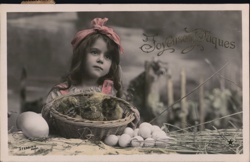 Little Girl with Chicks and Eggs, Joyeuses Pâques, French Easter Postcard Postcard Postcard